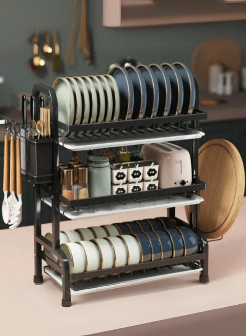 Multi-layer kitchen dish drying rack with side shelves and organizers 3 levels