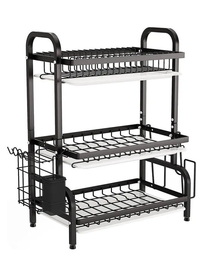 Multi-layer kitchen dish drying rack with side shelves and organizers 3 levels