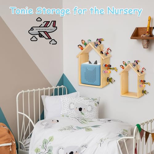 Exttlliy for Tonies Shelf Magnetic - for Tonies Figure Organizer Kids Room, Wooden Display Shelf for Tonies Box Holder, Wall Floating Shelves Toy Storage, House Shape Set of 2 with 38Pcs Adhesive Metal Plate - Image 5