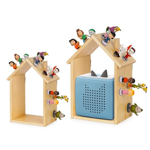 Exttlliy for Tonies Shelf Magnetic - for Tonies Figure Organizer Kids Room, Wooden Display Shelf for Tonies Box Holder, Wall Floating Shelves Toy Storage, House Shape Set of 2 with 38Pcs Adhesive Metal Plate - Image 1