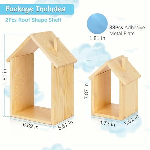 Exttlliy for Tonies Shelf Magnetic - for Tonies Figure Organizer Kids Room, Wooden Display Shelf for Tonies Box Holder, Wall Floating Shelves Toy Storage, House Shape Set of 2 with 38Pcs Adhesive Metal Plate - Image 3
