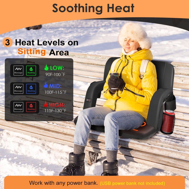 HOPERAN 25" 2pcs Heated Stadium Seats for Bleachers with Back Support & Lumbar Pillow, 3 Level Heating & 6 Modes Portable Heated Stadium Chairs for Bleachers - Image 4