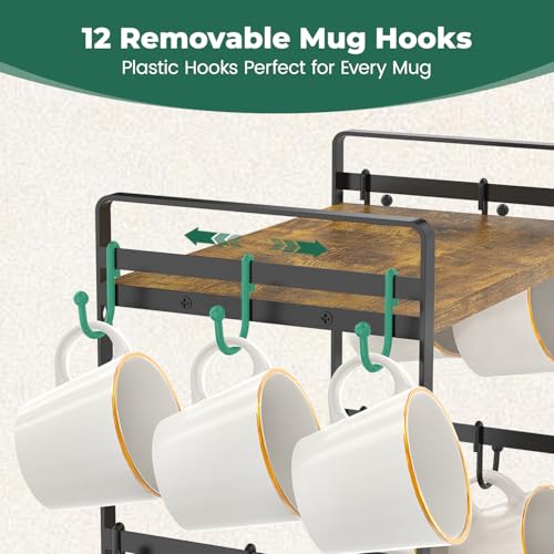 EsLuker.ly 2 Tier Coffee Mug Holder Station Bar Organize Countertop, Mug Cup Tree Rack for Kitchen Office, Storage Shelf with 12 Removable Hooks, Creat Stylish Coffee Corner - Image 4