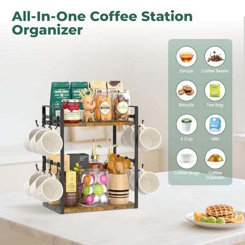 EsLuker.ly 2 Tier Coffee Mug Holder Station Bar Organize Countertop, Mug Cup Tree Rack for Kitchen Office, Storage Shelf with 12 Removable Hooks, Creat Stylish Coffee Corner - Image 3