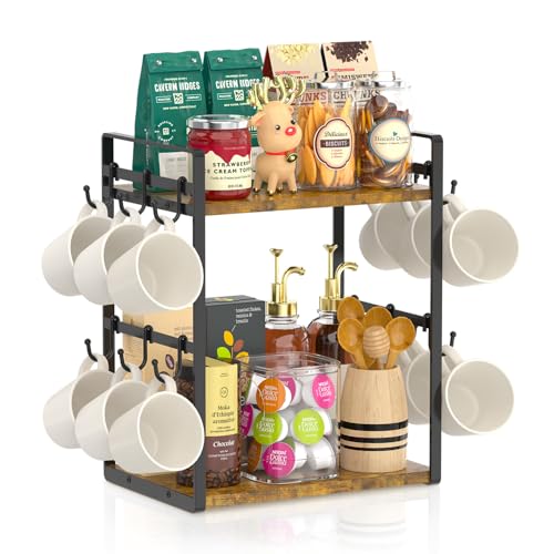 EsLuker.ly 2 Tier Coffee Mug Holder Station Bar Organize Countertop, Mug Cup Tree Rack for Kitchen Office, Storage Shelf with 12 Removable Hooks, Creat Stylish Coffee Corner - Image 1