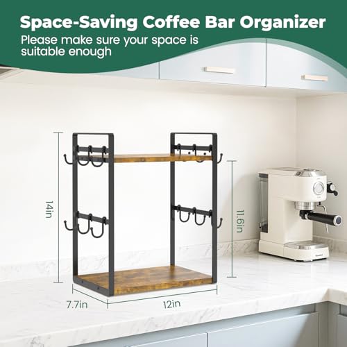 EsLuker.ly 2 Tier Coffee Mug Holder Station Bar Organize Countertop, Mug Cup Tree Rack for Kitchen Office, Storage Shelf with 12 Removable Hooks, Creat Stylish Coffee Corner - Image 2