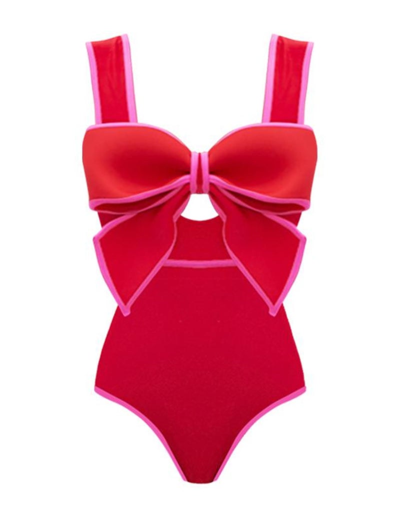 FLAXMAKER Bow Front Cut Out Color Block One Piece Swimsuit and Skirt (US, Alpha, Small, Regular, Regular, Swimsuit) - Image 1