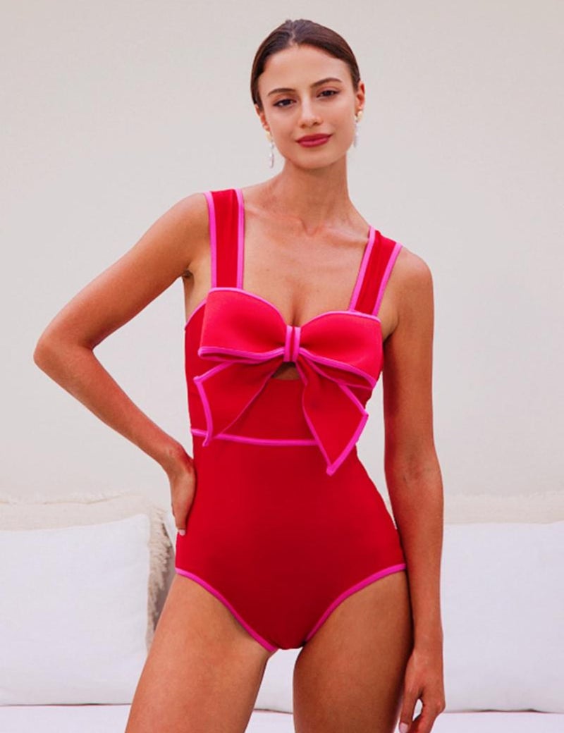 FLAXMAKER Bow Front Cut Out Color Block One Piece Swimsuit and Skirt (US, Alpha, Small, Regular, Regular, Swimsuit) - Image 3