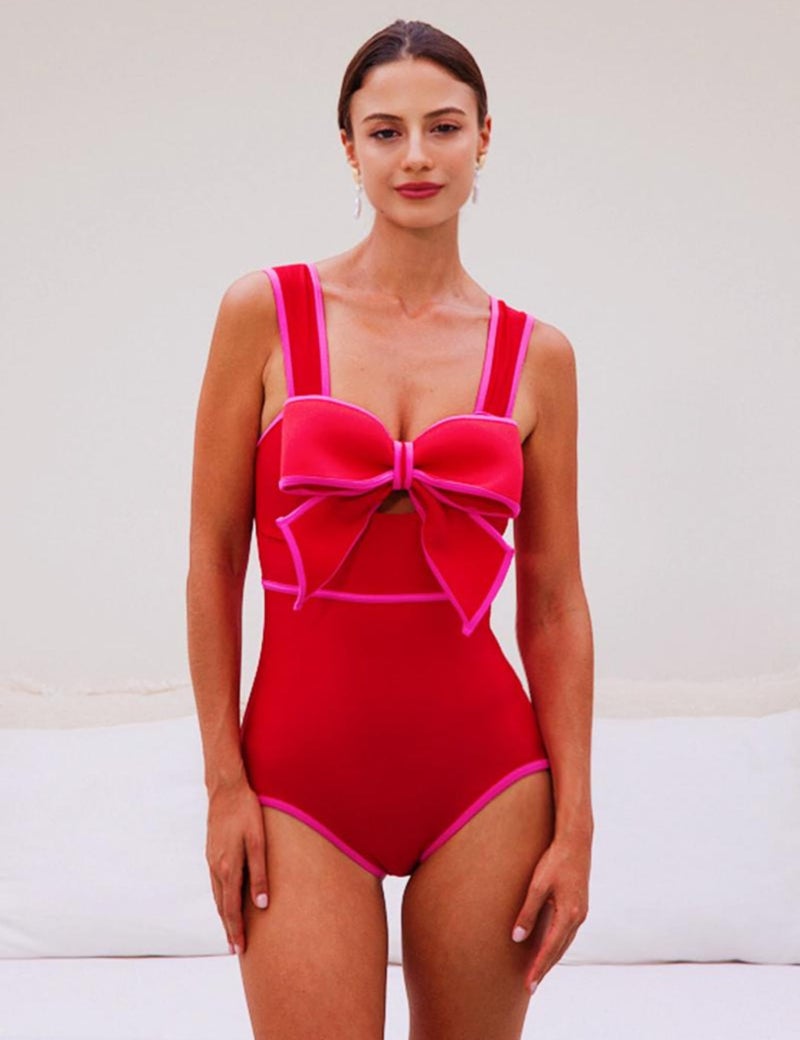 FLAXMAKER Bow Front Cut Out Color Block One Piece Swimsuit and Skirt (US, Alpha, Small, Regular, Regular, Swimsuit) - Image 2