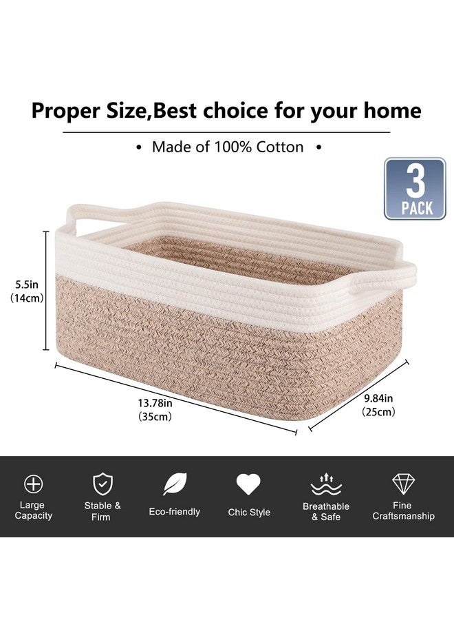 OIAHOMY 3 Pack Storage Baskets for Organizing, Woven Cotton Rope Basket for Shelves, Closet Organizer Bins with Handles, Rectangle Toy Organization, 13.78''×9.84''×5.5'', Brown & White - Image 3