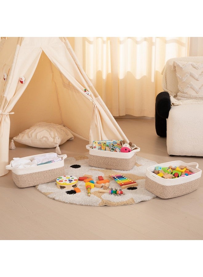 OIAHOMY 3 Pack Storage Baskets for Organizing, Woven Cotton Rope Basket for Shelves, Closet Organizer Bins with Handles, Rectangle Toy Organization, 13.78''×9.84''×5.5'', Brown & White - Image 5