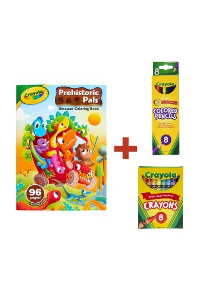 Crayola مجموعة كتاب تلوين 96 صفحة - أصدقاء ما قبل التاريخ، 8 أقلام تلوين قابلة للشنق، 8 أقلام رصاص ملونة طويلة، مجموعة حصرية جاهزة للمدرسة - Image 1