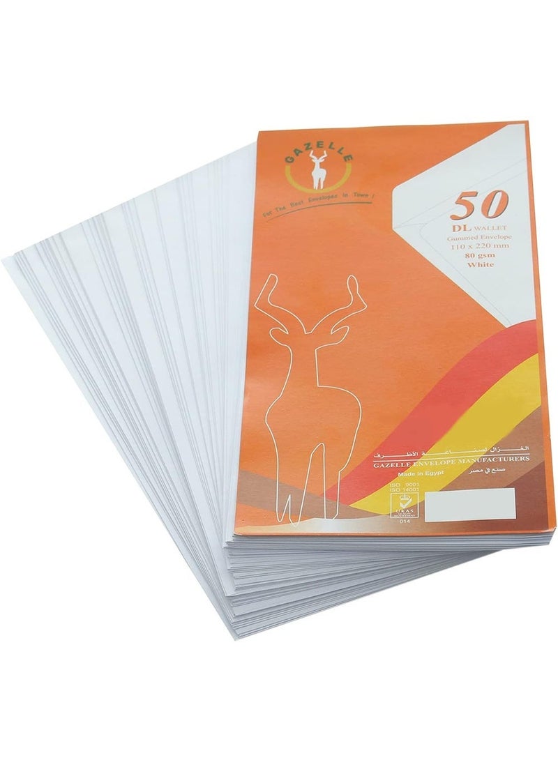 Gazelle Packet of DL white Envelope Gazelle - 220*110mm - suitable for Money - 50 Piece -  80 gram - Image 1