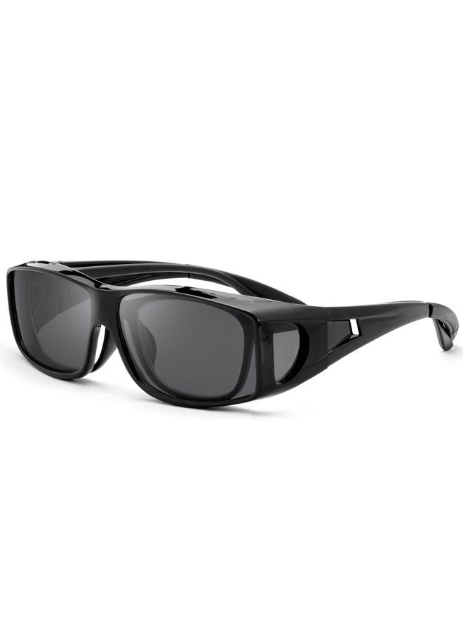 YIMI All-round sunglasses, polarised lenses for wearing over prescription glasses, fit over normal glasses with 100% UV protection, Black Frame/Grey Lens - Image 1