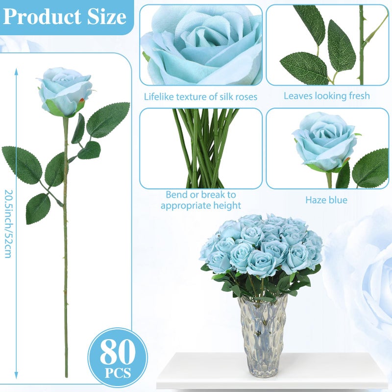 Ovveroche 80 Pcs Roses Artificial Flowers, Silk Haze Blue Artificial Flowers Petals Long Stem Roses for Wedding Bouquet Home Party Decor - Image 2