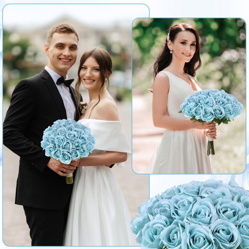 Ovveroche 80 Pcs Roses Artificial Flowers, Silk Haze Blue Artificial Flowers Petals Long Stem Roses for Wedding Bouquet Home Party Decor - Image 5
