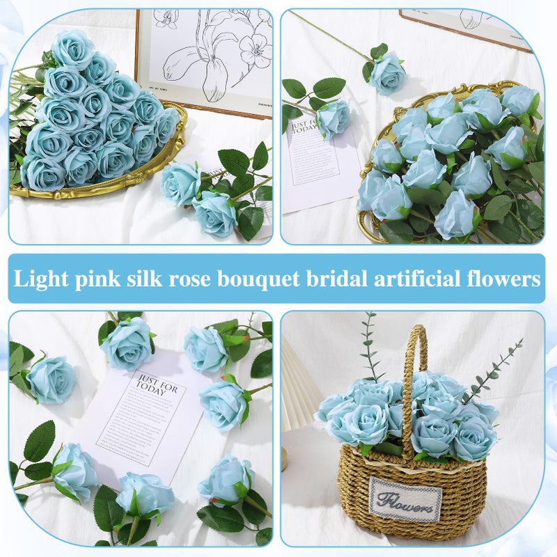 Ovveroche 80 Pcs Roses Artificial Flowers, Silk Haze Blue Artificial Flowers Petals Long Stem Roses for Wedding Bouquet Home Party Decor - Image 4