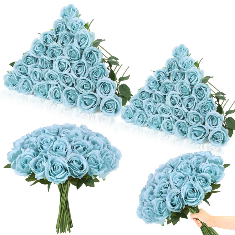 Ovveroche 80 Pcs Roses Artificial Flowers, Silk Haze Blue Artificial Flowers Petals Long Stem Roses for Wedding Bouquet Home Party Decor - Image 1