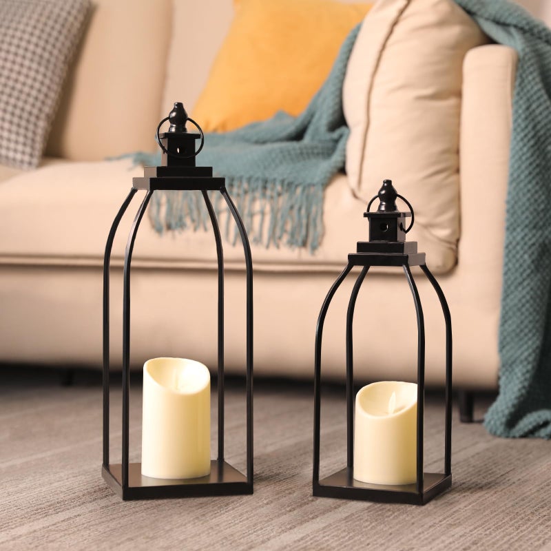 DARJEN Modern Farmhouse Lantern Decor Outdoor & Indoor- 17'' 14'' Black Metal Candle Lanterns for Christmas, Lanterns Decorative with 2 Flameless Candles for Porch,Patio,Home,Fireplace Mantle Decor - Image 1