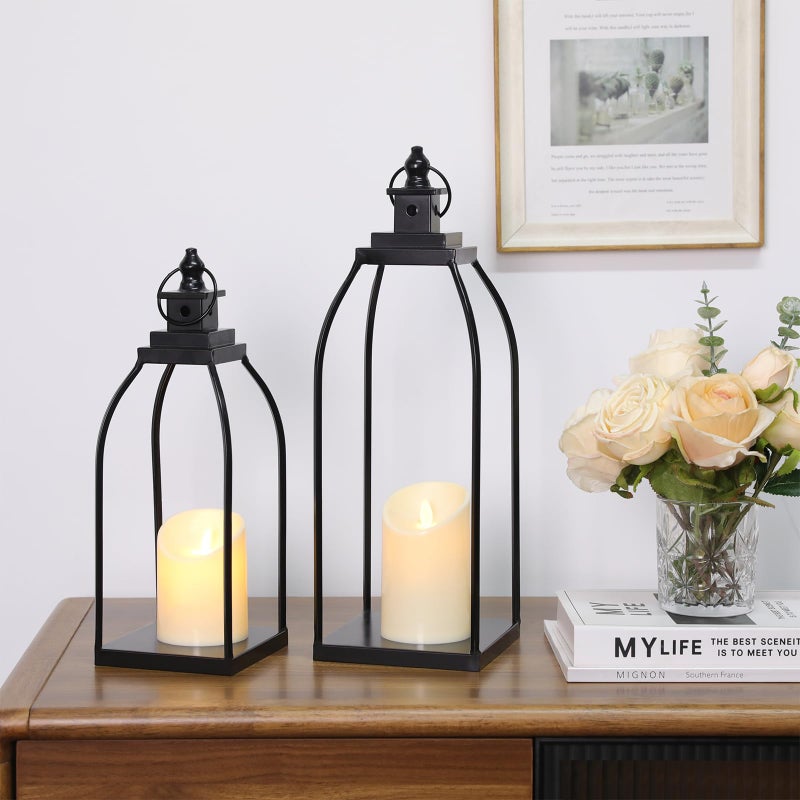 DARJEN Modern Farmhouse Lantern Decor Outdoor & Indoor- 17'' 14'' Black Metal Candle Lanterns for Christmas, Lanterns Decorative with 2 Flameless Candles for Porch,Patio,Home,Fireplace Mantle Decor - Image 3