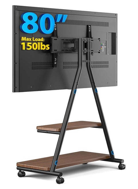 Mobile TV Stand for 43-80 Inch TVs up to 150lbs, Mobile TV Cart on Wheels with Dual Storage Shelves, Outdoor TV Stand with Tilt & Swivel Adjustment for Optimal Viewing Angles, Heavy Duty Rolling TV Stand with VESA 600 x 400 mm, Black | MT6001