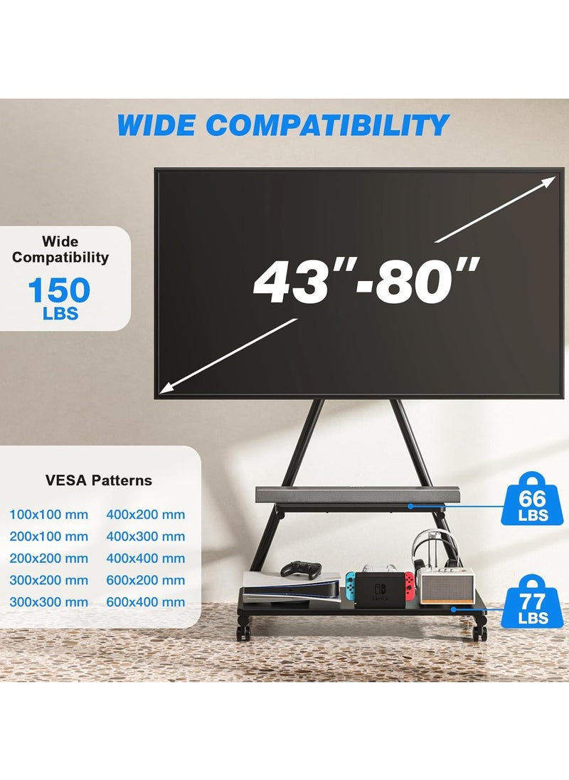 Rfiver - Mobile TV Stand for 43-80 Inch TVs up to 150lbs, Mobile TV Cart on Wheels with Dual Storage Shelves, Outdoor TV Stand with Tilt & Swivel Adjustment for Optimal Viewing Angles, Heavy Duty Rolling TV Stand with VESA 600 x 400 mm, Black | MT6001 - Image 1