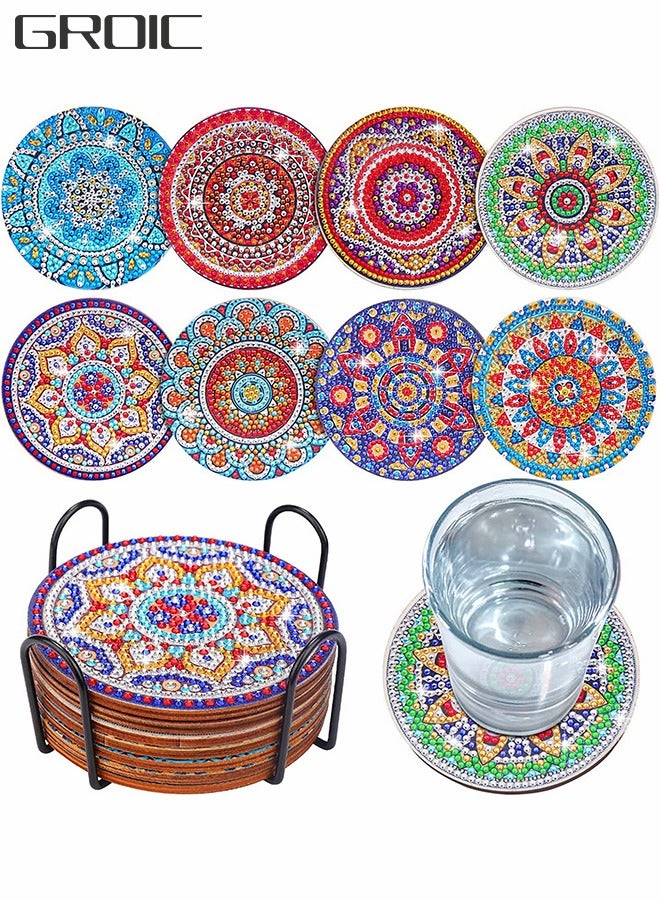GROIC 8 Pcs Diamond Painting Coasters with Holder, Mandala Coasters DIY Diamond Art Crafts,Small Diamond Painting Kits Accessories,DIY Handmade Art - Image 1