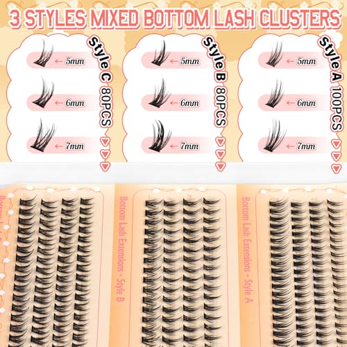 calphdiar Bottom Lashes Clusters DIY Eyelash Extension 3 Styles Lower Eyelash Clusters Bottom Individual Lashes 5-7mm Thin Band Natural Bottom Lash Clusters 260pcs DIY Entire Lash Extensions by calphdiar - Image 2