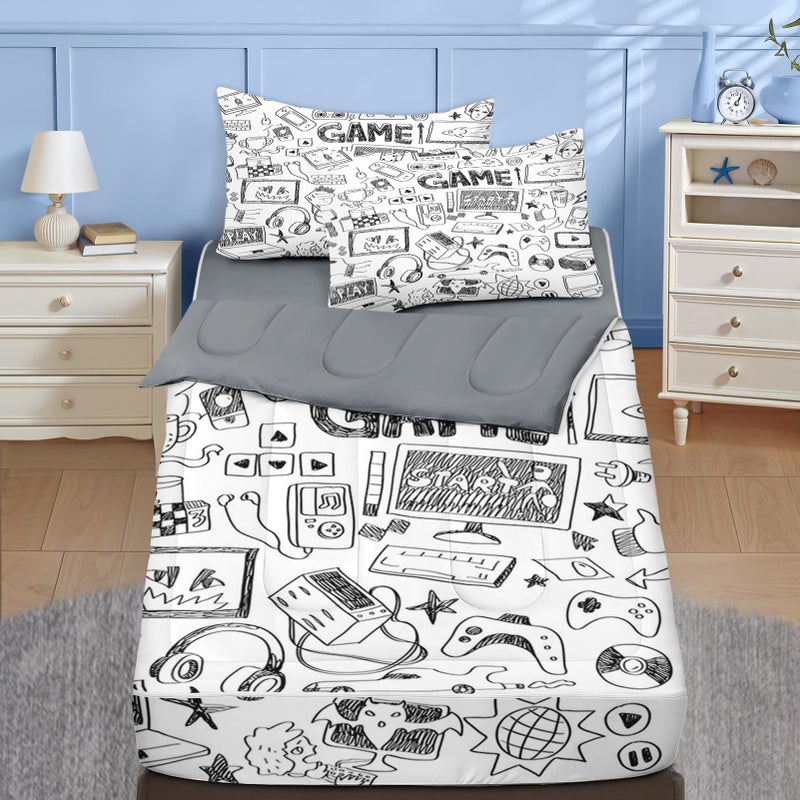 Nesker Twin Zipper Bedding, Gaming Zipper Bedding Sets for Boys, 3pcs All in on one, Computer Games Doodles Gamer Kids Comforter Set with Fitted Sheet and 2 Pillowcases - Image 1