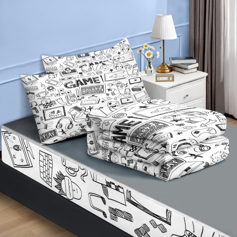 Nesker Twin Zipper Bedding, Gaming Zipper Bedding Sets for Boys, 3pcs All in on one, Computer Games Doodles Gamer Kids Comforter Set with Fitted Sheet and 2 Pillowcases - Image 2