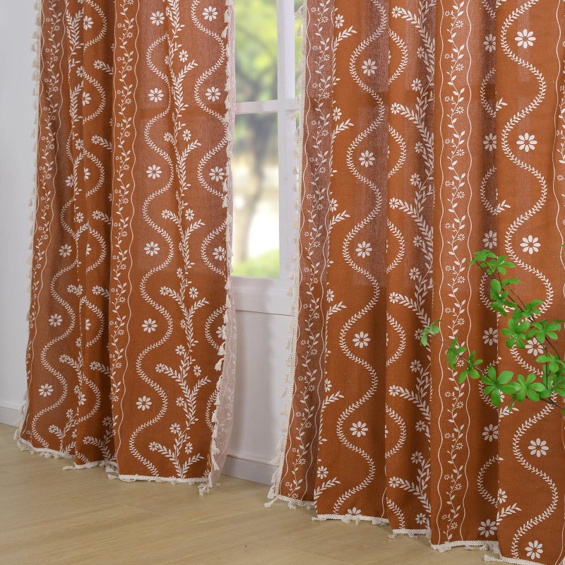 Schweek Boho Terracotta Curtains for Living Room 72 Inches Long Semi Sheer Linen Floral Curtains Vintage Farmhouse Window Drapes 2 Panel Sets for Dining Room Kitchen Rust Colored - Image 2