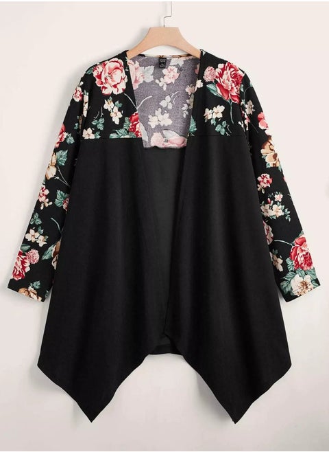 Plus Floral Print Hanky Hem Open Front Coat