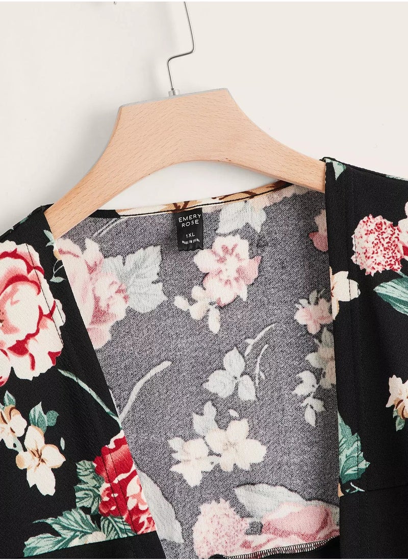 Plus Floral Print Hanky Hem Open Front Coat