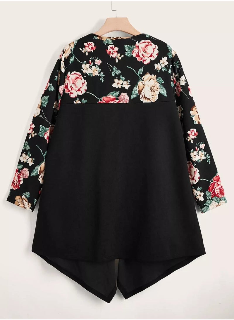 Plus Floral Print Hanky Hem Open Front Coat