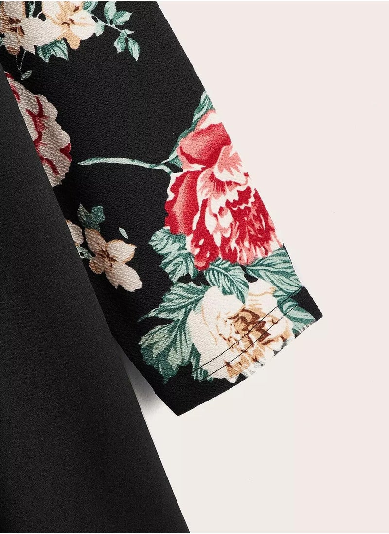 Plus Floral Print Hanky Hem Open Front Coat