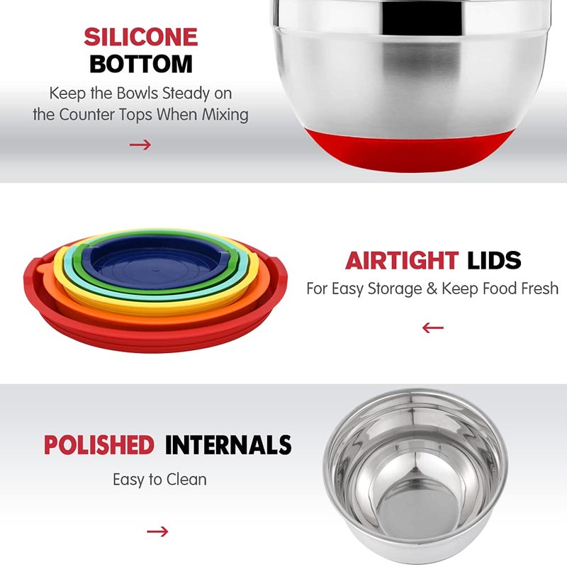 Rottay Mixing Bowls with Airtight Lids, 20PCS Stainless Steel Mixing Bowls Set, Nesting Bowls with 3 Grater Attachments & Non-Slip Bottoms, Size7, 4, 3, 2, 1.5, 1QT Bowls for Baking&Prepping - Image 4