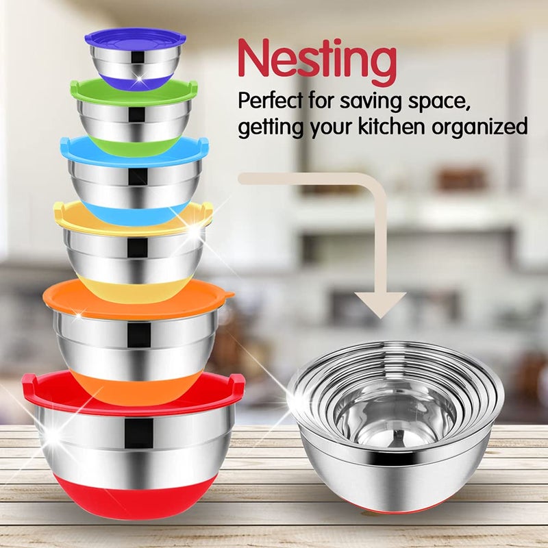 Rottay Mixing Bowls with Airtight Lids, 20PCS Stainless Steel Mixing Bowls Set, Nesting Bowls with 3 Grater Attachments & Non-Slip Bottoms, Size7, 4, 3, 2, 1.5, 1QT Bowls for Baking&Prepping - Image 3