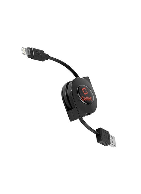 Cellet Retractable iPhone Charger Cable, Lightning Charging Cord, Data Cable Compatible for Apple iPhone 14 Pro Max Plus13 12 11, iPad Pro Air, iPad Mini, Air Pod, (Apple Certified) Black
