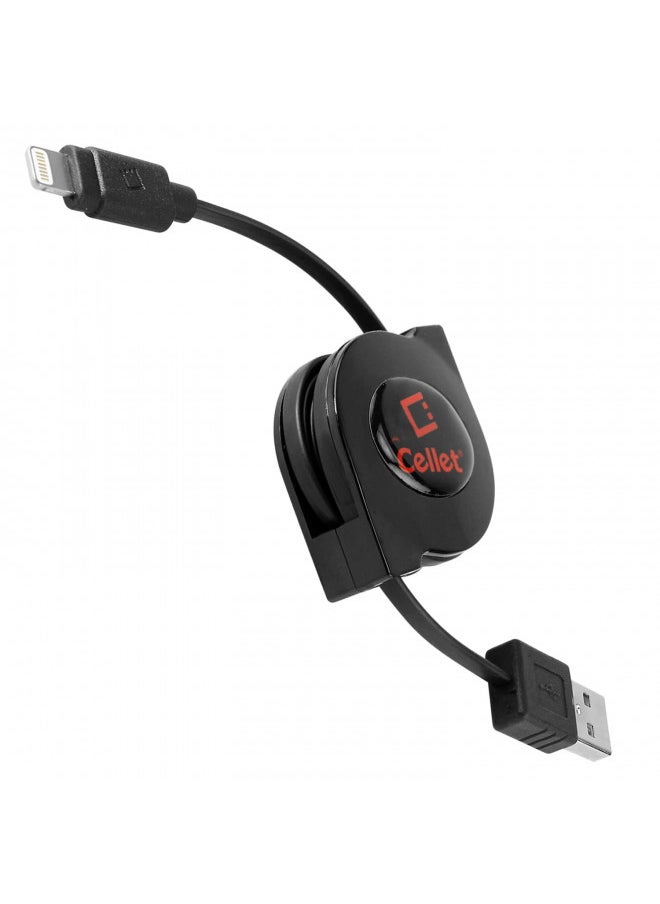 cellet - Cellet Retractable iPhone Charger Cable, Lightning Charging Cord, Data Cable Compatible for Apple iPhone 14 Pro Max Plus13 12 11, iPad Pro Air, iPad Mini, Air Pod, (Apple Certified) Black - Image 1
