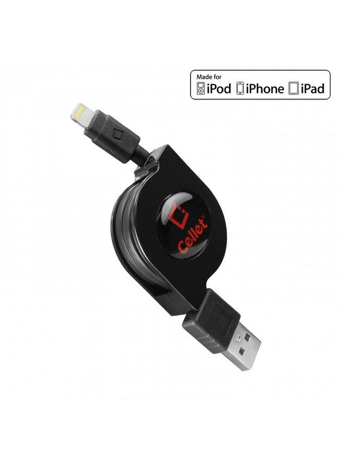 cellet - Cellet Retractable iPhone Charger Cable, Lightning Charging Cord, Data Cable Compatible for Apple iPhone 14 Pro Max Plus13 12 11, iPad Pro Air, iPad Mini, Air Pod, (Apple Certified) Black - Image 1