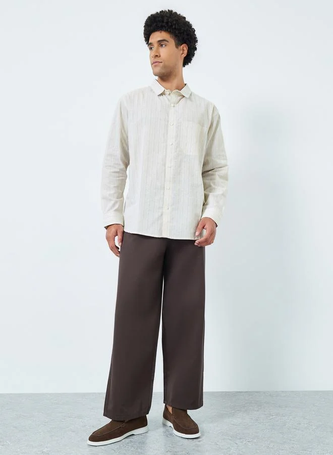 Styli Men Beige Relaxed Fit Striped Cotton Shirt
