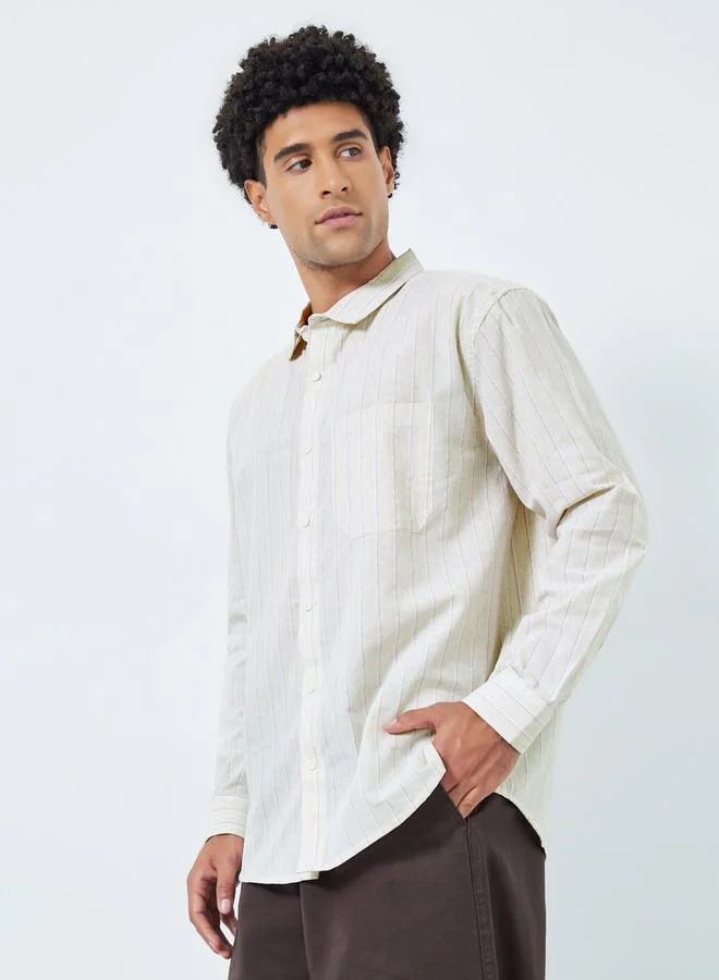 Styli Men Beige Relaxed Fit Striped Cotton Shirt