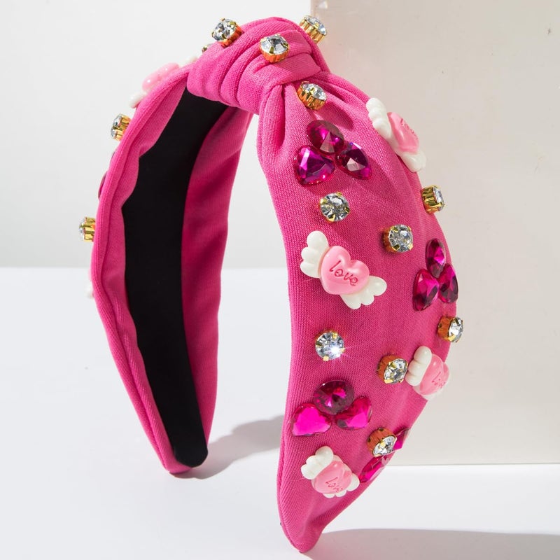 Palotay Heart Headband for Women Red Pink Love Headband Rhinestone Beaded Party Accessories Gifts Love Hot Pink - Image 3