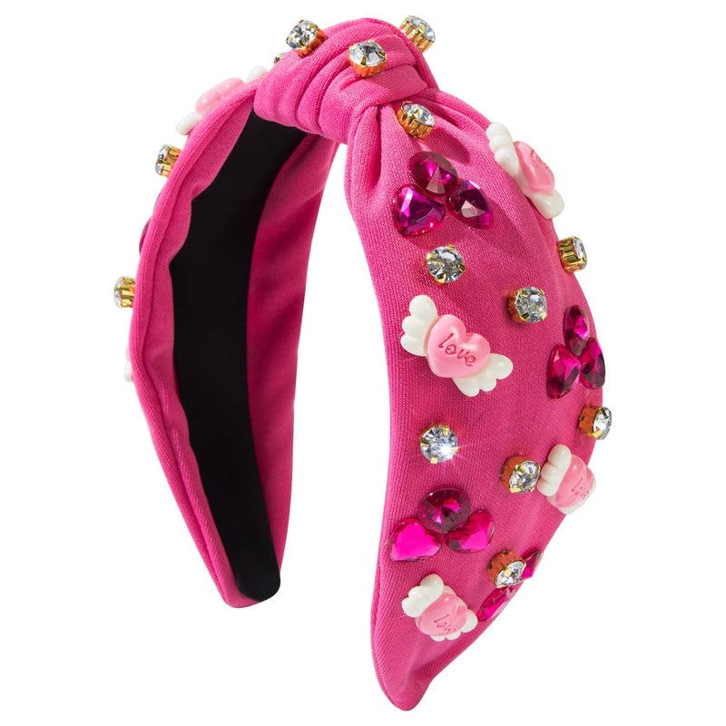 Palotay Heart Headband for Women Red Pink Love Headband Rhinestone Beaded Party Accessories Gifts Love Hot Pink - Image 1