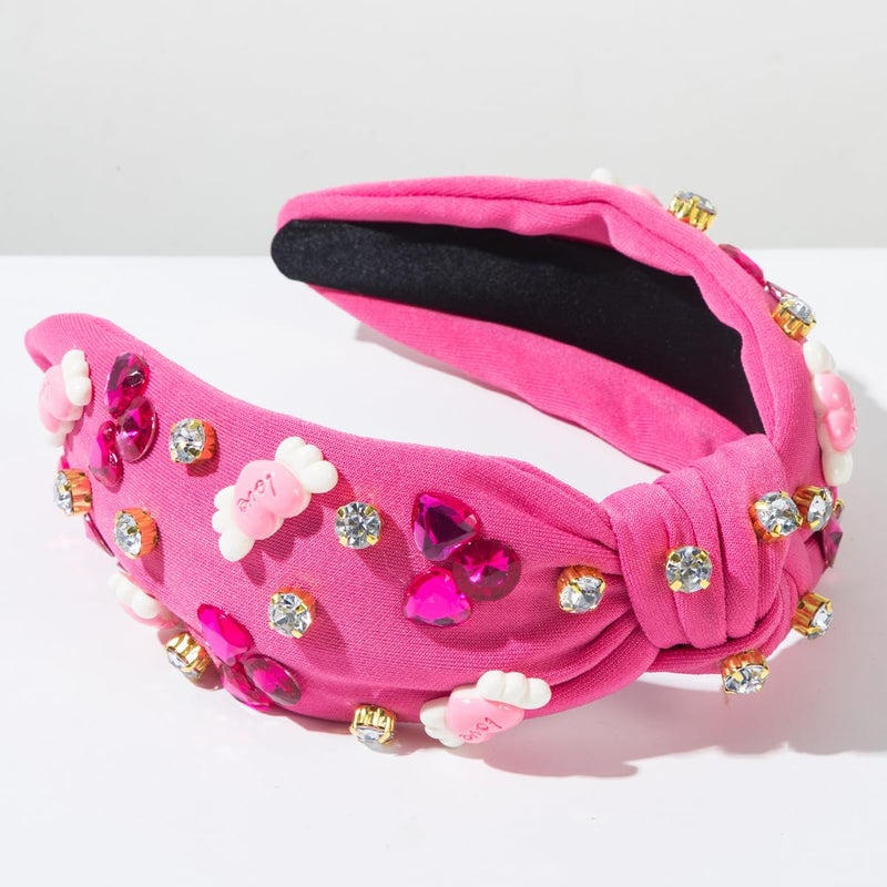 Palotay Heart Headband for Women Red Pink Love Headband Rhinestone Beaded Party Accessories Gifts Love Hot Pink - Image 4