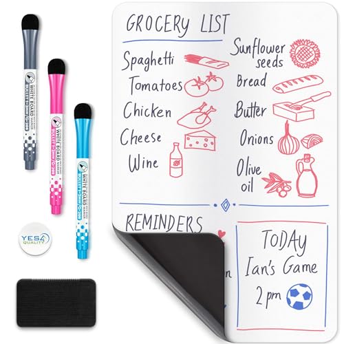 YES4QUALITY Magnetic Dry Erase White Board Sheet for Fridge 12x8 in, with Stain Resistant Technology, Includes 3 Markers and Big Eraser with Magnets, Small Refrigerator Whiteboard Planner - Image 1