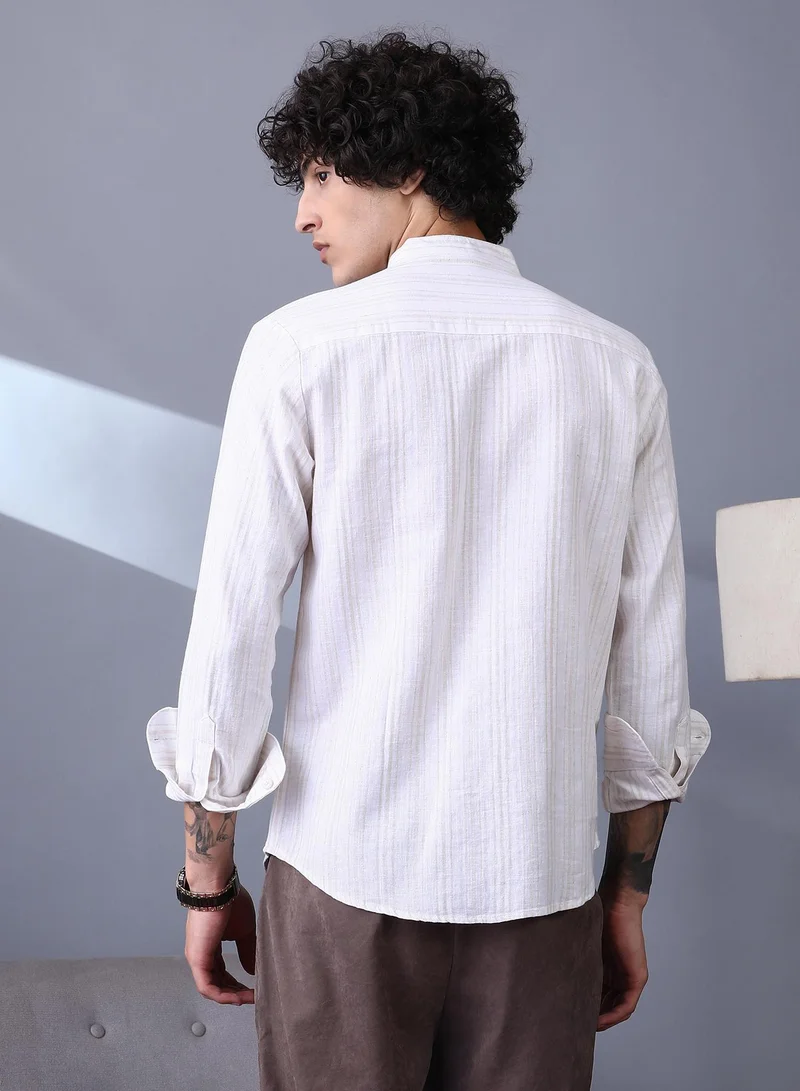 CAHOOT  Men's Off-White & Ecru Beige Striped Extended-Band Collar Shirt for Men | Best Price UAE