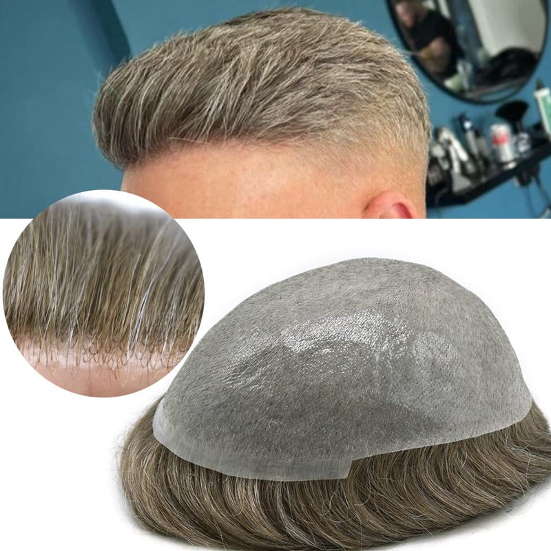 Super Thin Skin Mens Toupee 003mm Ultra Thin Skin Hair System For Men Human Hair Black Brown Blonde Gray Vlooped Hairpiece8x10 100Light Density 730 Very Light Brown With 30 Gray