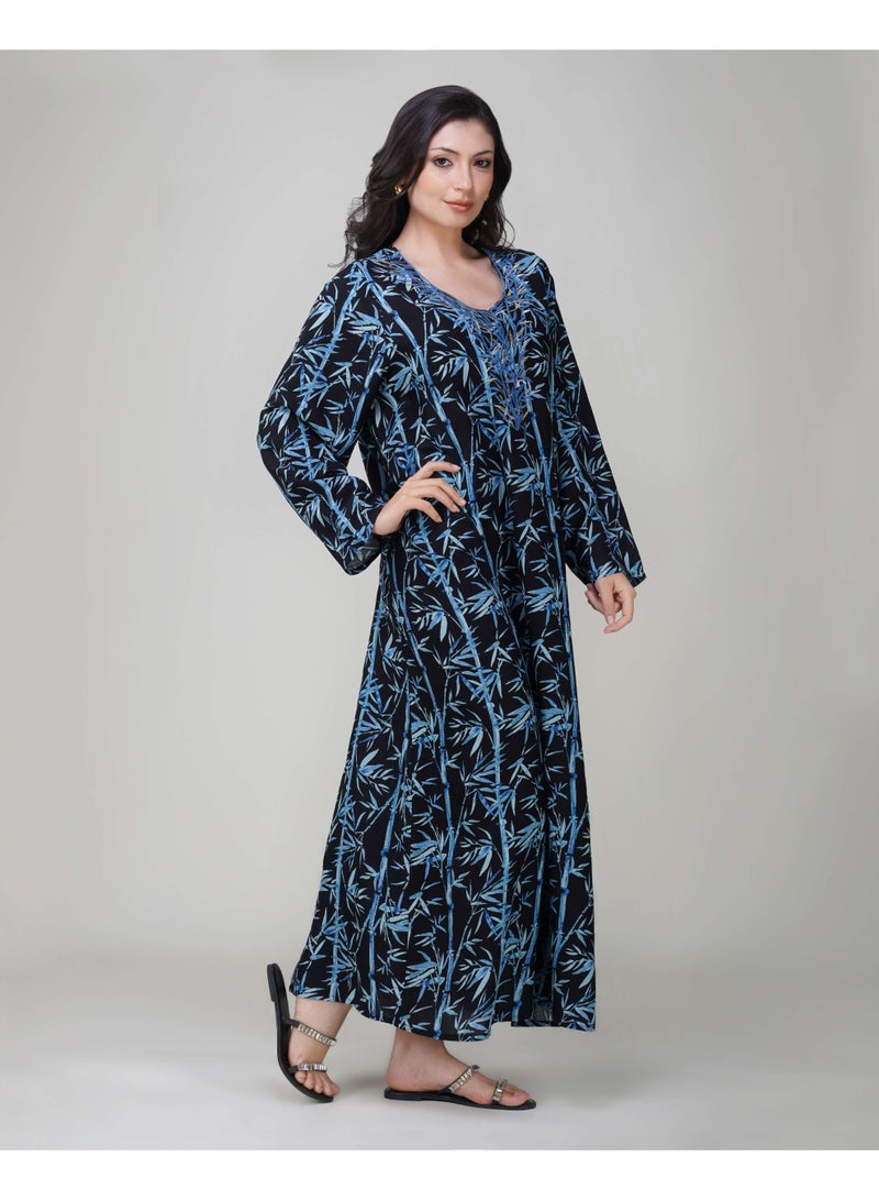 LINELLE جلابية لينيل النسائية المزخرفة - فستان رايون بأكمام كاملة باللونين الأسود والأزرق مع تصميم رقبة مطرز - Image 2