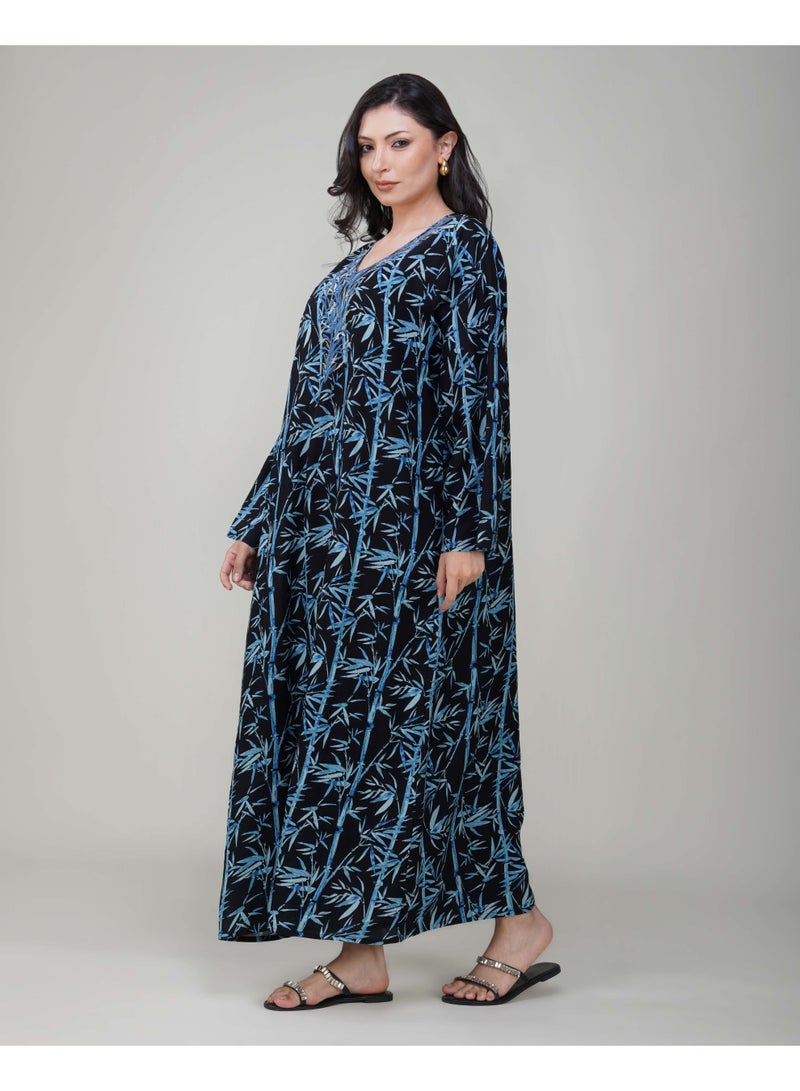 LINELLE جلابية لينيل النسائية المزخرفة - فستان رايون بأكمام كاملة باللونين الأسود والأزرق مع تصميم رقبة مطرز - Image 4